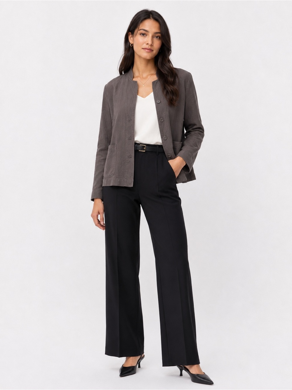 Eileen Fisher 100% Linen Jacket Blazer Taupe Brown 3 button Pockets Minimalist S